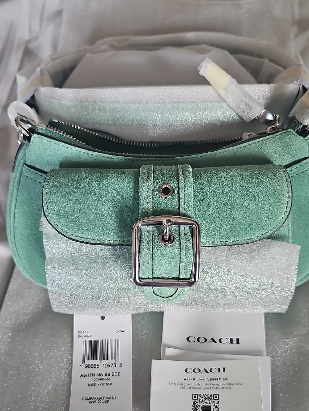 COACH Ashton Mint Green Suede Mini Shoulder Bag with Silver Buckle NWT